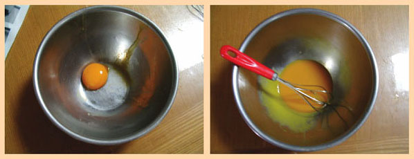 実験手順3: ボウルに卵1個分の黄身を入れ，泡立て器でクリームのようになるまでよくかきまぜます。つぎに酢を30 mL（大さじ2杯）入れて，さらにかきまぜます。だんだん硬くなり白っぽくなってきます。お好みでマスタード，塩，コショウを加えてさらにかき混ぜます。　<strong>＜コツ＞卵は室温にしてから割って使った方がよく混ざります。
