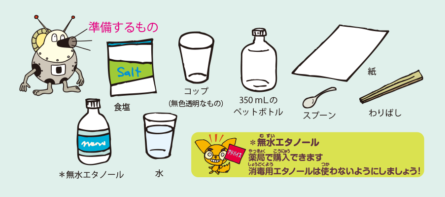 準備するもの: 食塩，無水エタノール*，水，コップ（無色透明なもの），350 mLのペットボトル，紙，スプーン，わりばし