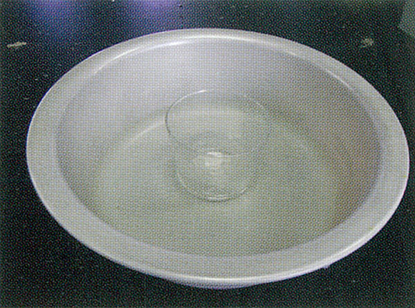 実験手順2: 洗面器に湯を用意し，ハイポの入ったコップを湯に浸す。このとき，コップを揺すりながらハイポを完全にとかす。　<strong>＜コツ＞ハイポは完全にとかしてください。固体のハイポが少しでも残っていると，冷却したとき結晶が析出してしまいます。