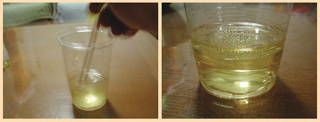 実験手順1: 使い捨てプラスチックコップに酢とサラダ油を同じくらい入れ，割り箸でかき混ぜてから放置します。やがて酢とサラダ油は分離してしまいます。