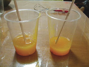 実験手順2: 1個の卵の卵黄を2つのコップに分け，1つには酢50 mLを入れます。もう一つにはサラダ油50 mLを入れ，割り箸でかき混ぜると，酢もサラダ油も卵黄とよく混ざります。