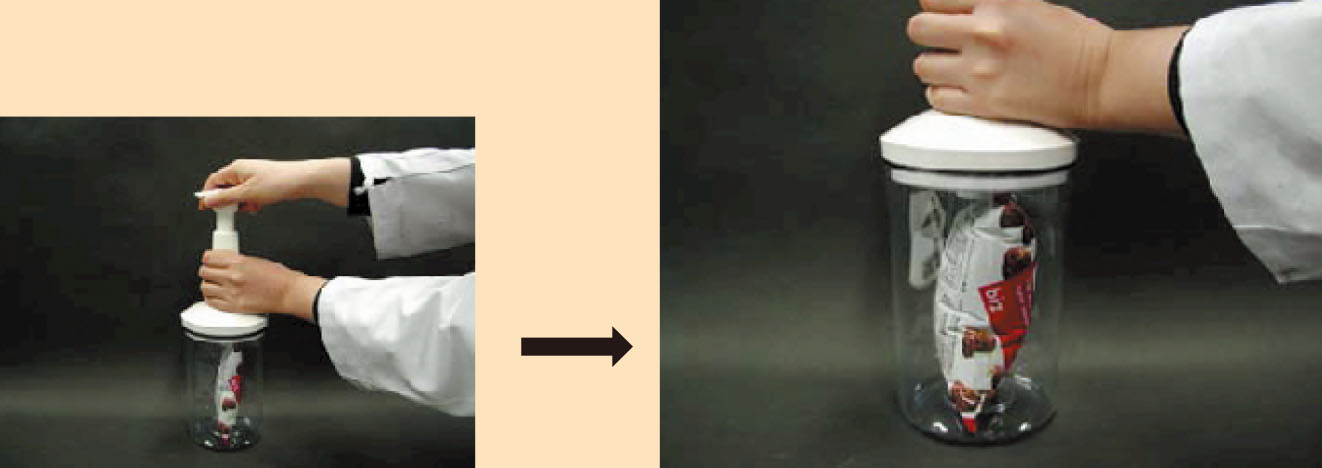 実験手順2: ポンプを動かし，中の空気を抜く。　→お菓子の袋がパンパンにふくらむ