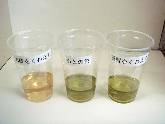 実験手順7: このようにして，レモン果汁，食器洗い用洗剤，炭酸水やインスタントラーメンのゆで汁などが酸性かアルカリ性かを調べてみよう。　（色の変化がない場合は中性ということを示しています。）