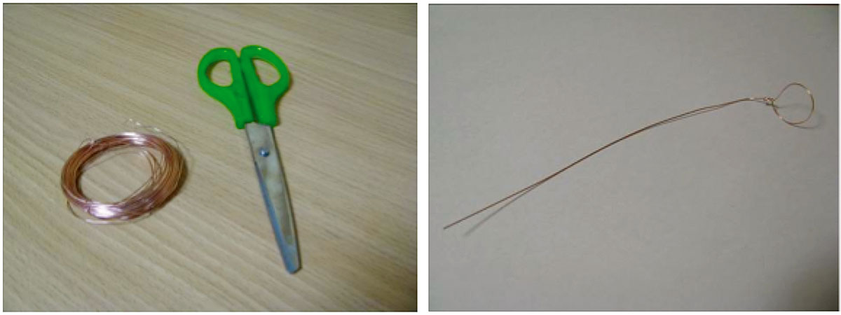 実験手順2: 針金で輪をつくります（輪はあまり大きくせず，直径1.5 cmぐらいまでがよい）。　※　針金をもつ部分をつくるのを忘れずにね。