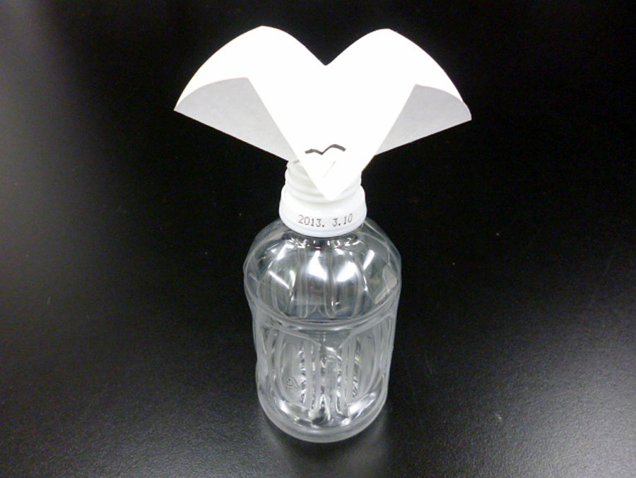 実験操作3: 空のペットボトルのキャップを外し，ろ紙を置きます。