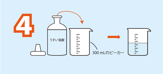 実験方法4: ビーカーの半分くらいまでうすい塩酸を入れる