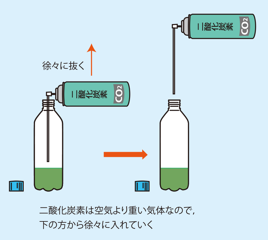 実験方法3: ペットボトルの中に，静かに二酸化炭素を吹き込む　<strong>＜アドバイス＞ストローの先を水面近くまで近づけてから，徐々に抜きながら二酸化炭素を静かに吹き込む　<strong>＜アドバイス＞二酸化炭素を吹き込むときは，なるべく中の液面を揺らさないようにする