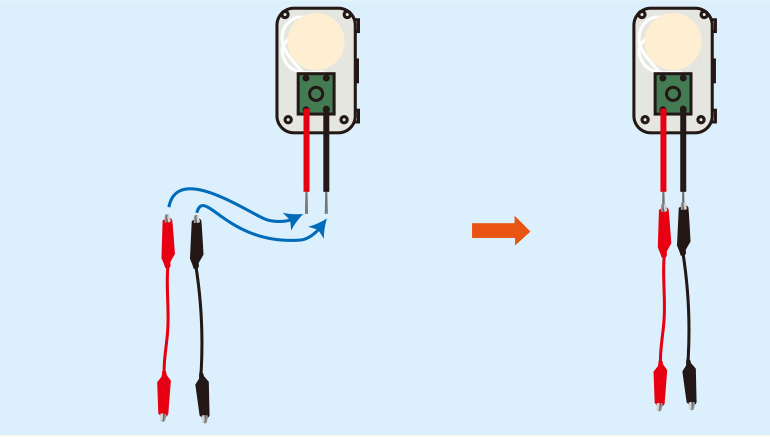 実験方法3: 電子オルゴールに，クリップ付き導線をつなぐ