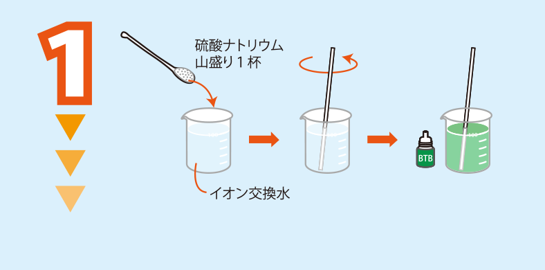 実験方法1: 硫酸ナトリウム水溶液をつくり，BTB溶液を加え水溶液の色を緑にする