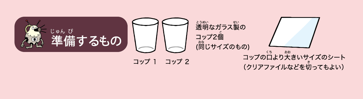 <ruby>準備<rt>じゅんび</rt></ruby>するもの: <ruby>透明<rt>とうめい</rt></ruby>なガラス<ruby>製<rt>せい</rt></ruby>のコップ2<ruby>個<rt>こ</rt></ruby>（<ruby>同<rt>おな</rt></ruby>じサイズのもの），コップの<ruby>口<rt>くち</rt></ruby>より大きいサイズのシート（クリアファイルなどを<ruby>切<rt>き</rt></ruby>ってもよい）