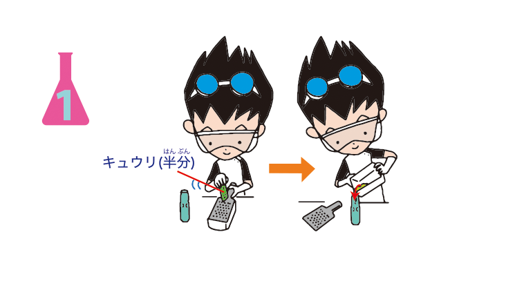 <ruby>実験<rt>じっけん</rt></ruby><ruby>方法<rt>ほうほう</rt></ruby>1: キュウリ(<ruby>半分<rt>はんぶん</rt></ruby>)をおろし<ruby>器<rt>き</rt></ruby>ですりおろし,これを<ruby>容器<rt>ようき</rt></ruby>の<ruby>高<rt>たか</rt></ruby>さ<ruby>半分<rt>はんぶん</rt></ruby>くらいまで<ruby>入<rt>い</rt></ruby>れる このとき,すりおろした<ruby>時<rt>とき</rt></ruby>に<ruby>出<rt>で</rt></ruby>た<ruby>液体<rt>えきたい</rt></ruby>も<ruby>入<rt>い</rt></ruby>れる