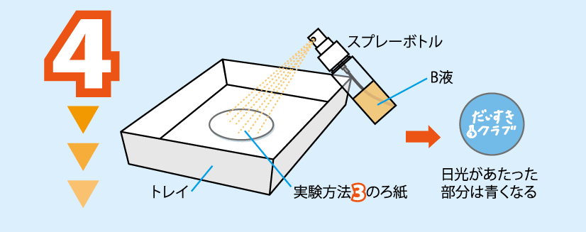 実験方法4: <strong>実験方法3のろ紙をトレイなどに置き,ろ紙にB液を散布すると日光があたった部分が青くなり,絵や文字が浮かび上がる。