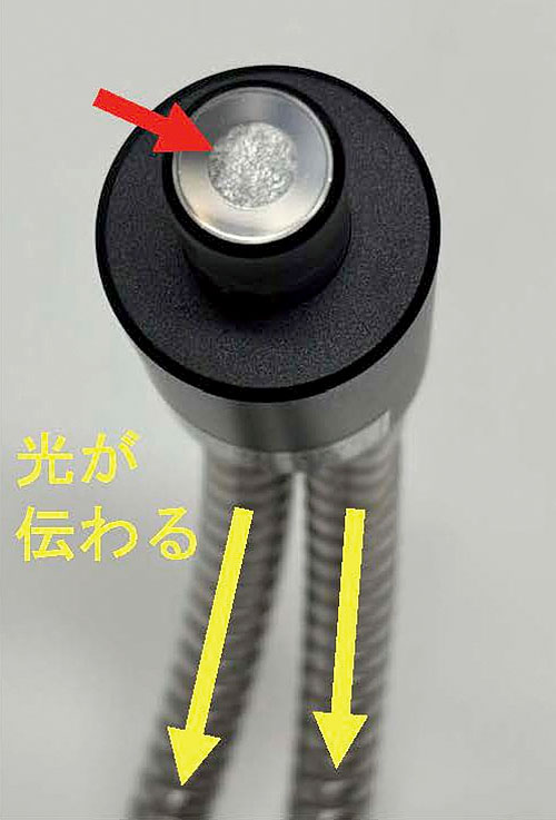 写真4　光ファイバーを使った顕微鏡用の照明器具（赤矢印の部分が光ファイバー）
