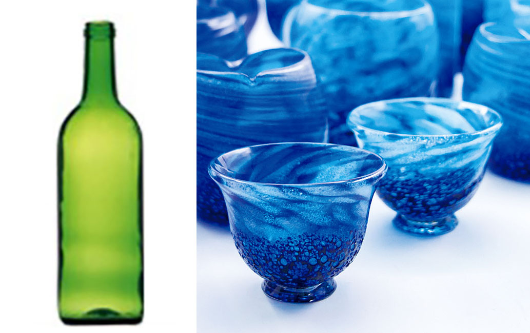 写真5（左）　ワインボトル（サントリー株式会社）　写真6（右）　コバルトをふくむガラス（源河源吉琉球ガラス工房）