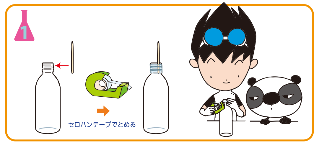 <ruby>実験<rt>じっけん</rt></ruby><ruby>方法<rt>ほうほう</rt></ruby>1: ペットボトルの<ruby>口<rt>くち</rt></ruby><ruby>部分<rt>ぶぶん</rt></ruby>に，<ruby>爪<rt>つま</rt></ruby><ruby>楊枝<rt>ようじ</rt></ruby>の<ruby>先端<rt>せんたん</rt></ruby>を<ruby>上<rt>うえ</rt></ruby>にしてセロハンテープでとめる