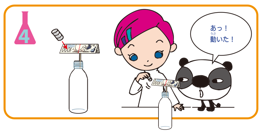 <ruby>実験<rt>じっけん</rt></ruby><ruby>方法<rt>ほうほう</rt></ruby>4: <ruby>磁石<rt>じしゃく</rt></ruby>をお<ruby>札<rt>さつ</rt></ruby>に<ruby>近<rt>ちか</rt></ruby>づける